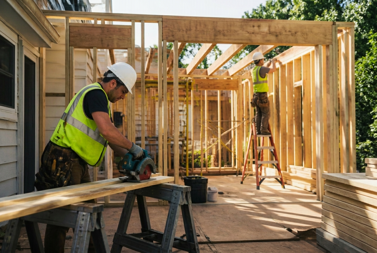 Construction crew framing a residential addition on a job site