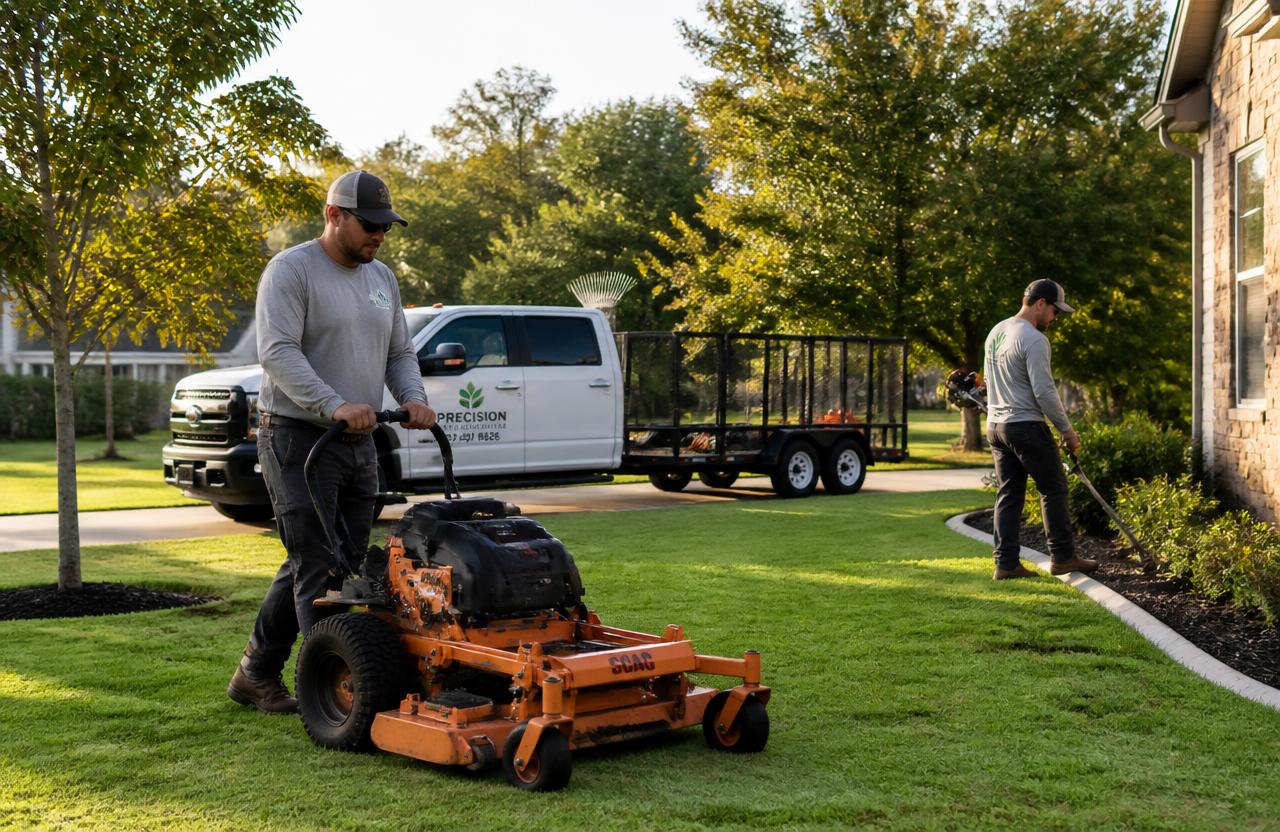 Landscaping crew mowing a residential lawn beside their work truck