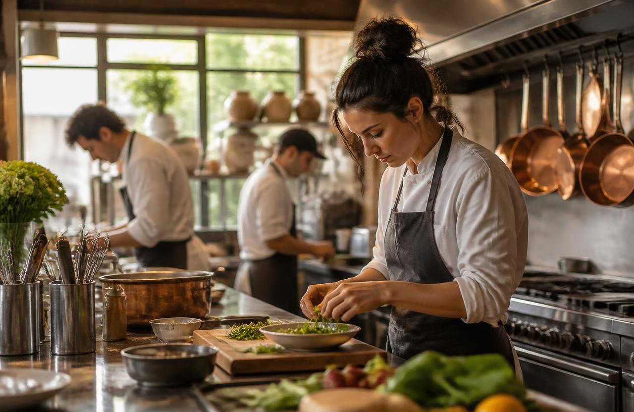 Chefs preparing food in an independent restaurant kitchen