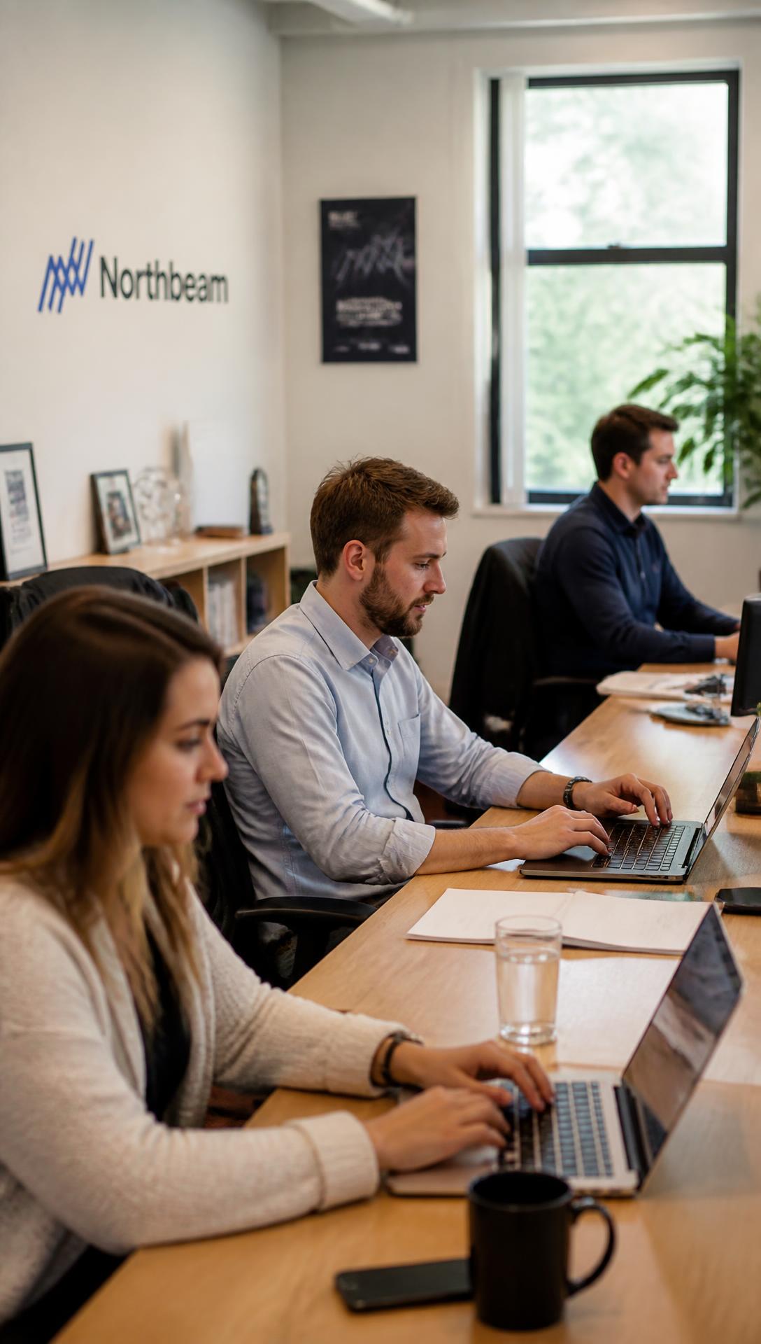 Small software sales team working at desks in an open plan office