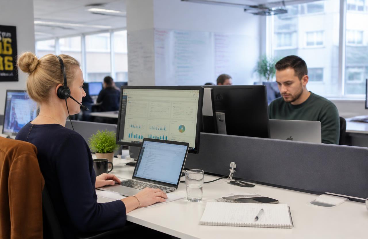 Small software sales team working at desks in an open plan office