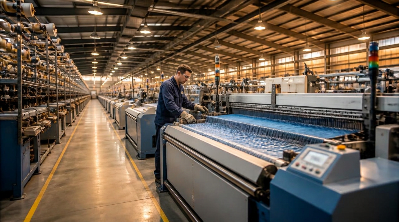 Modern textile mill floor with industrial weaving looms